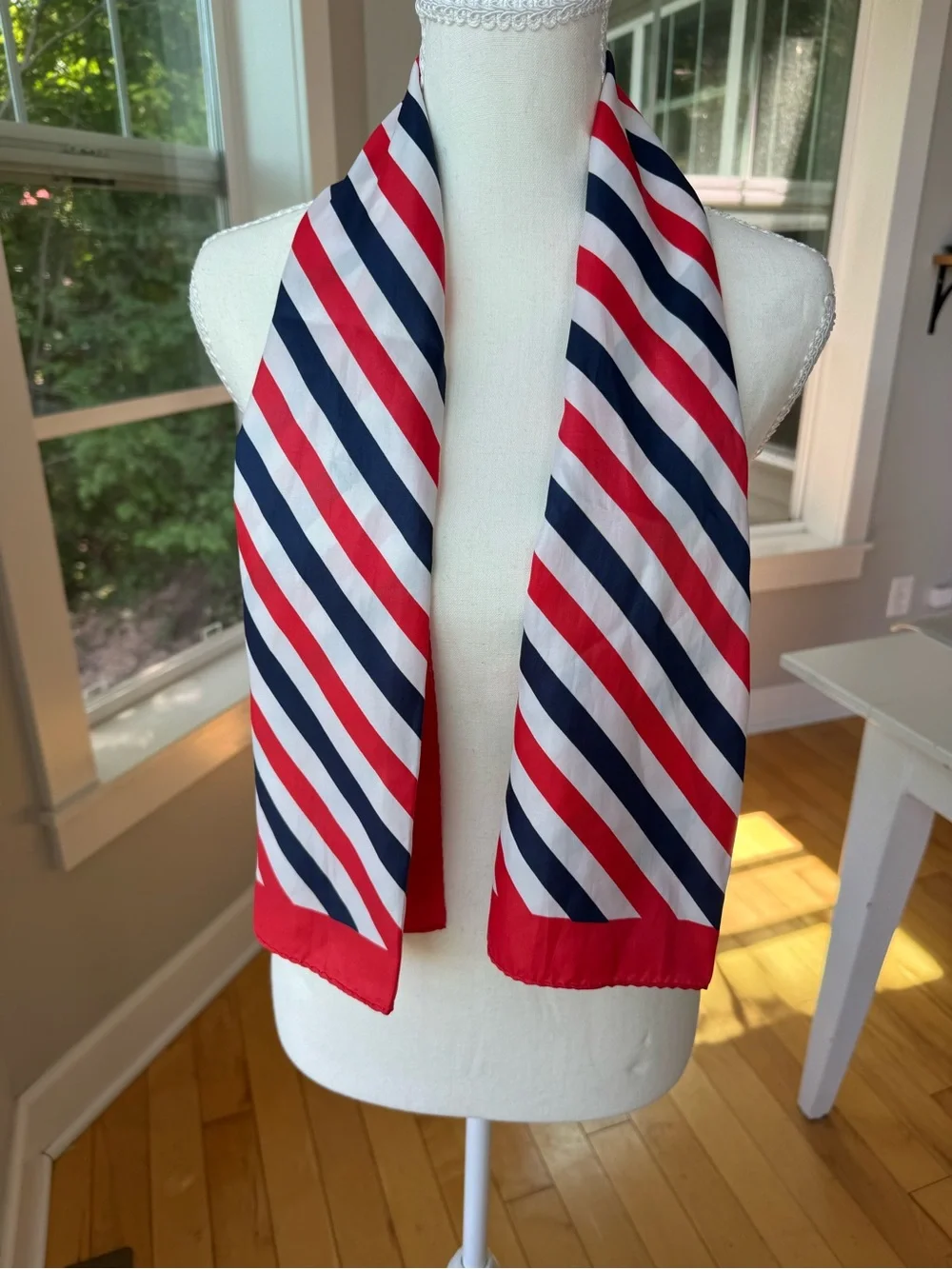 Vintage Red, Navy & White Striped Silk-Feel Rectangular Neck Scarf